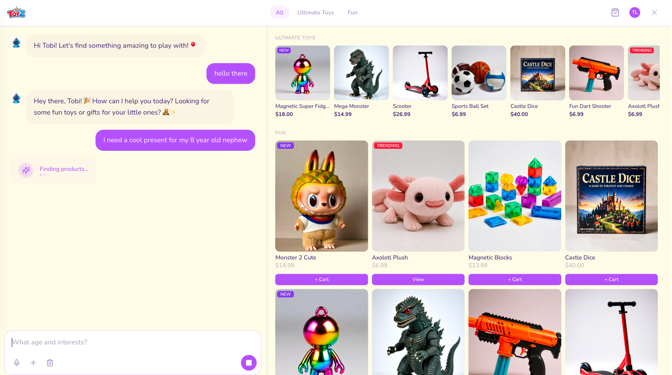 Agentic shopping desktop — split-panel experience with AI assistant and product grid