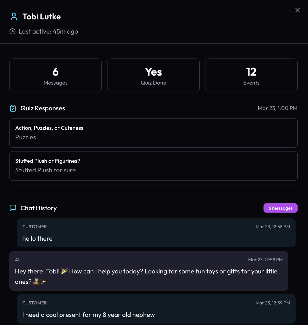 Agentic commerce customers — customer profile with order history, total spend, and quiz preferences
