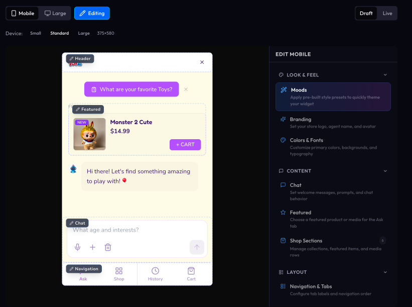 Agentic shopping dashboard — dark mode merchant control panel