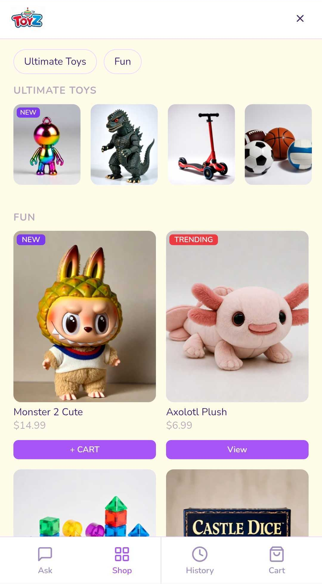 Agentic Commerce Mobile — product browsing and shop sections